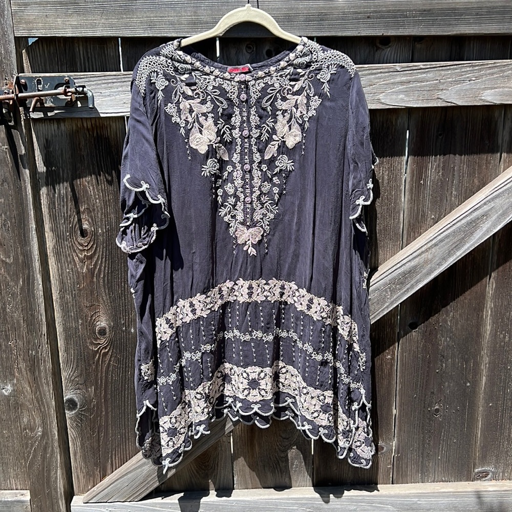 Johnny Was Gray Embroidered Floral Tunic Dress